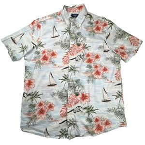 Chaps‎ Button Down Shirt Tropical Hibiscus Sailboat Print XL Blue Orange White